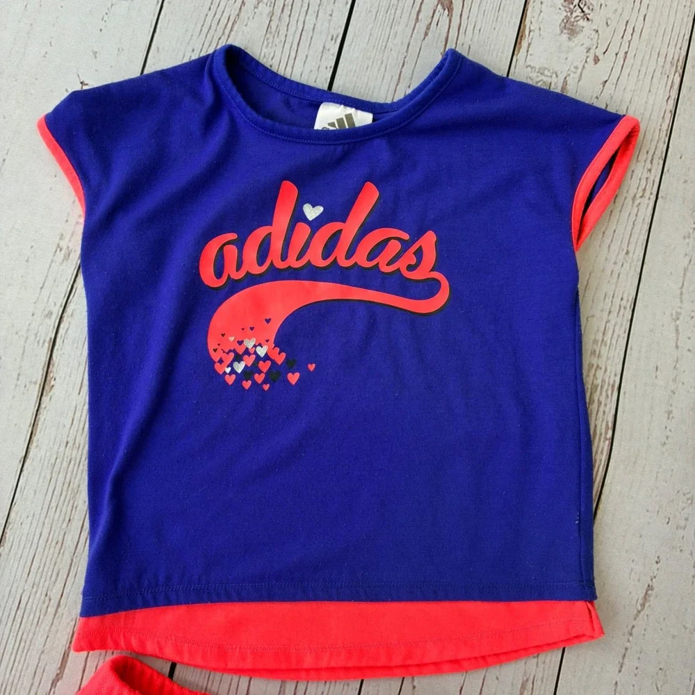 Adidas Girls 2 Piece Skort Set Blue Orange Heart Graphic Activewear Size 4T